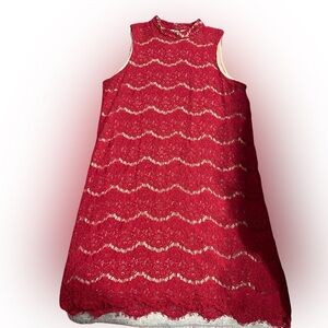love, Fire Red & Cream Lace Shift Dress with High Neckline